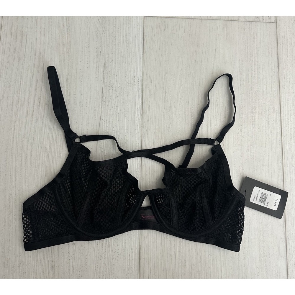 NWT Frederick's of Hollywood Rhi Rhi Bra Sz M - Black Mesh Unlined Strappy